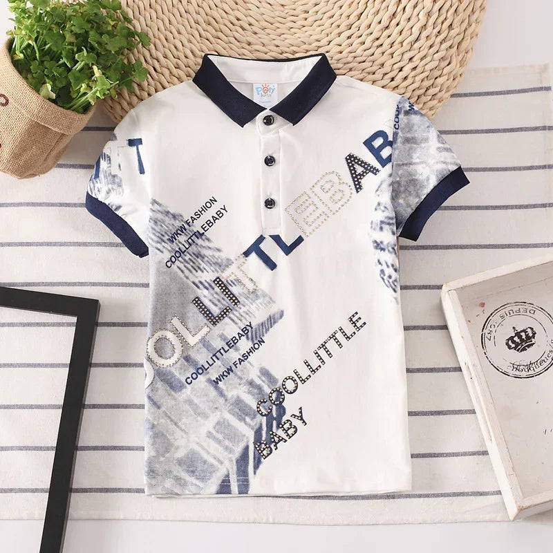 White short-sleeve graphic polo shirt with blue collar, button placket, and abstract text print.