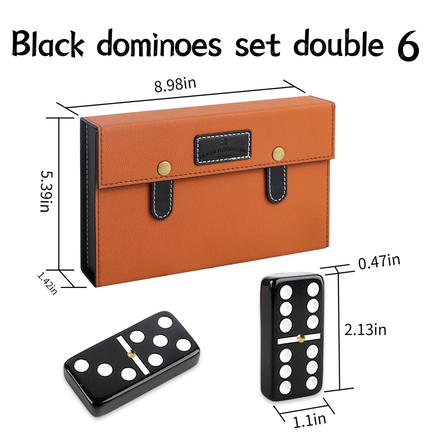 Bucher&Rossini Dominoes Set Double 6 - Claasic Black Domino's Game Set with Metal Surface for Adults and Kids Idea Gift Present for Domino Players or Family Game Night
