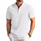Men’s white short sleeve shirt with textured vertical stripes and relaxed slim fit