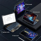 Futuristic tech accessory case with blue LED keyboard for tablet, shown in laptop, tent, standing, and tablet modes.