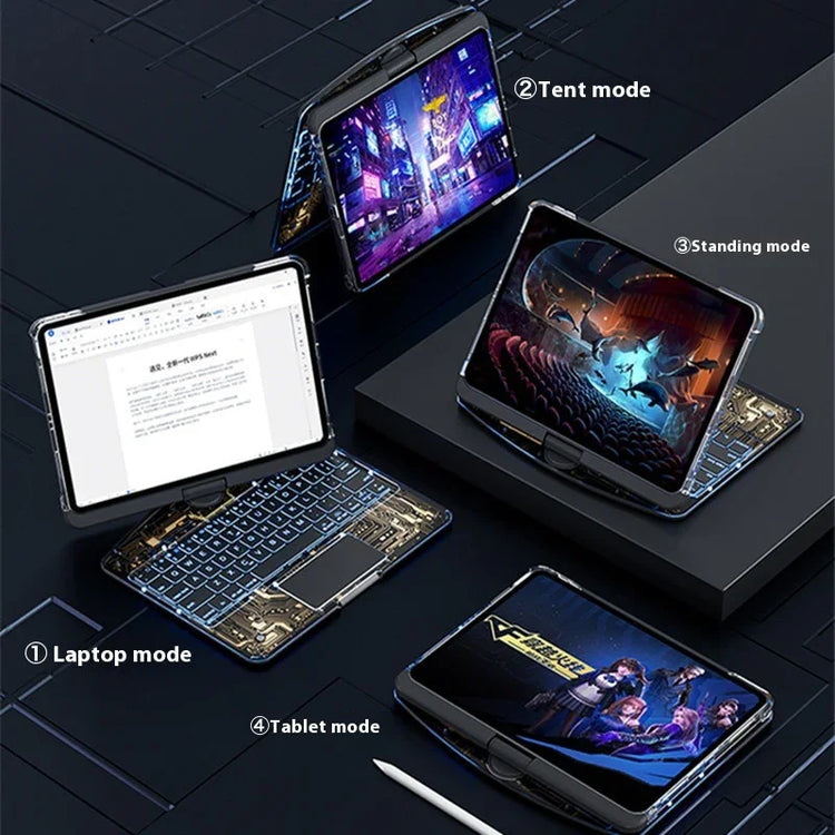 Futuristic tech accessory case with blue LED keyboard for tablet, shown in laptop, tent, standing, and tablet modes.
