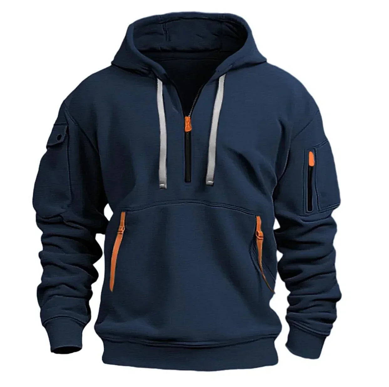 Navy blue hoodie with orange zipper accents, drawstring hood, and relaxed streetwear fit.