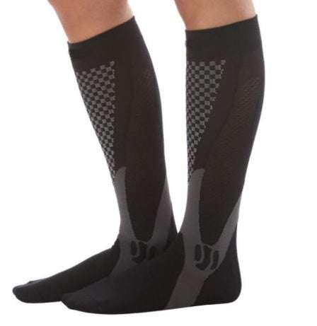 Black and gray knee-high compression socks with geometric patterns, athletic fit