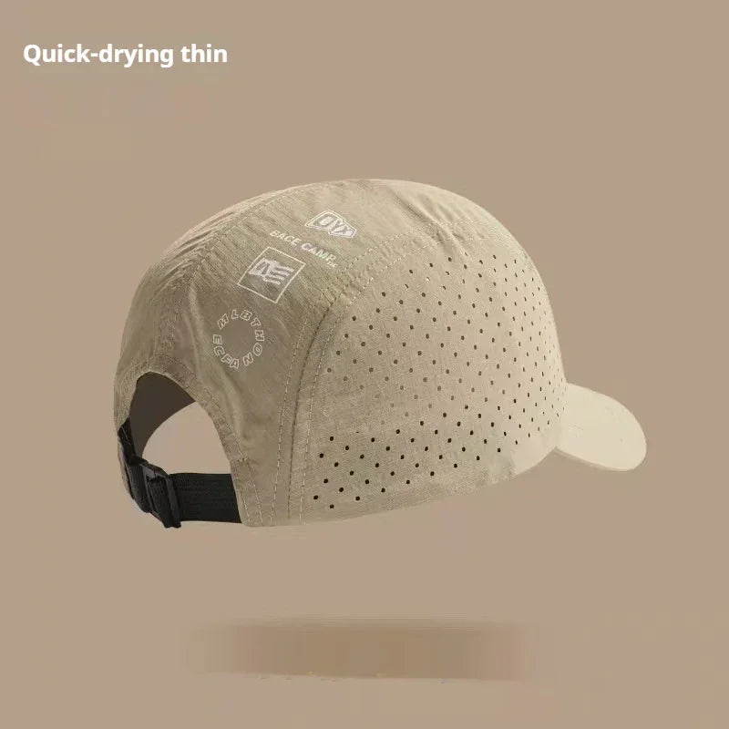 Beige quick-drying perforated cap with adjustable strap, lightweight breathable material.