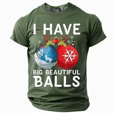 Olive green unisex t-shirt with festive Christmas ornament graphic and humorous text, casual fit.