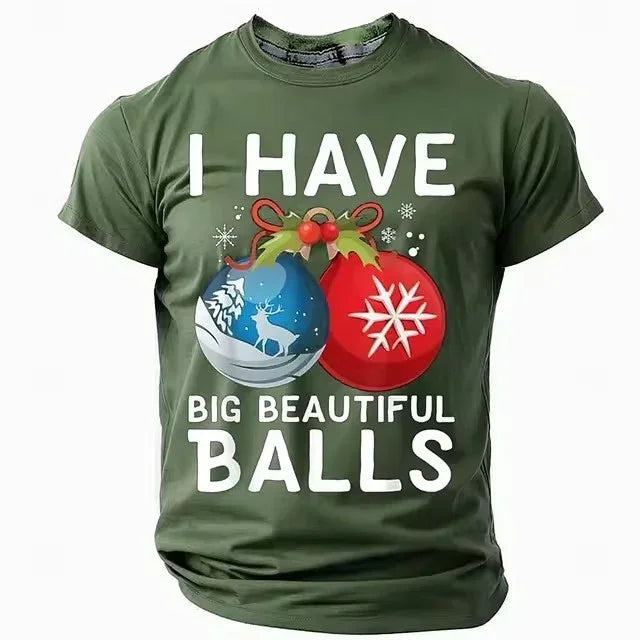 Olive green unisex t-shirt with Christmas bauble graphic and humorous holiday text