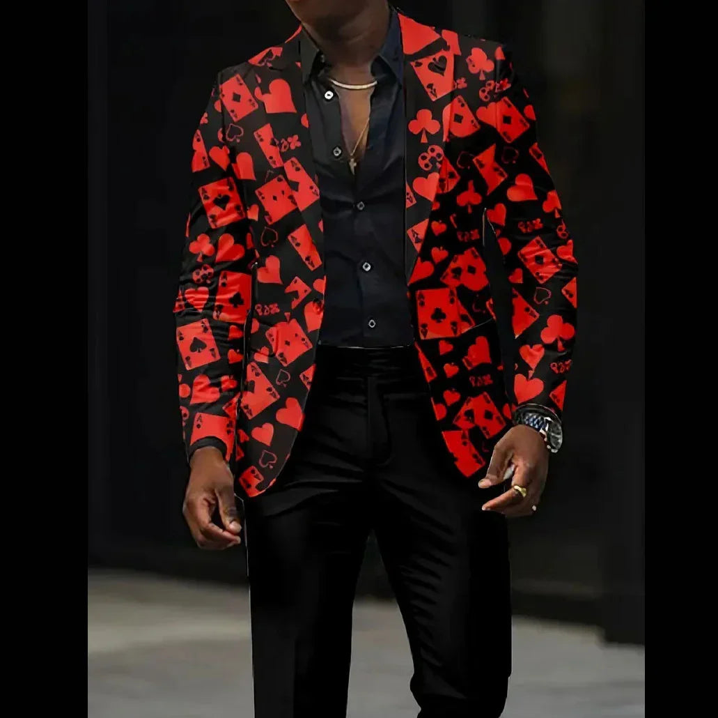 Men's slim fit blazer with red and black card suit prints, paired with black pants