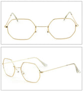 Geometric gold metal eyeglasses with clear lenses and slim frames, modern streetwear style