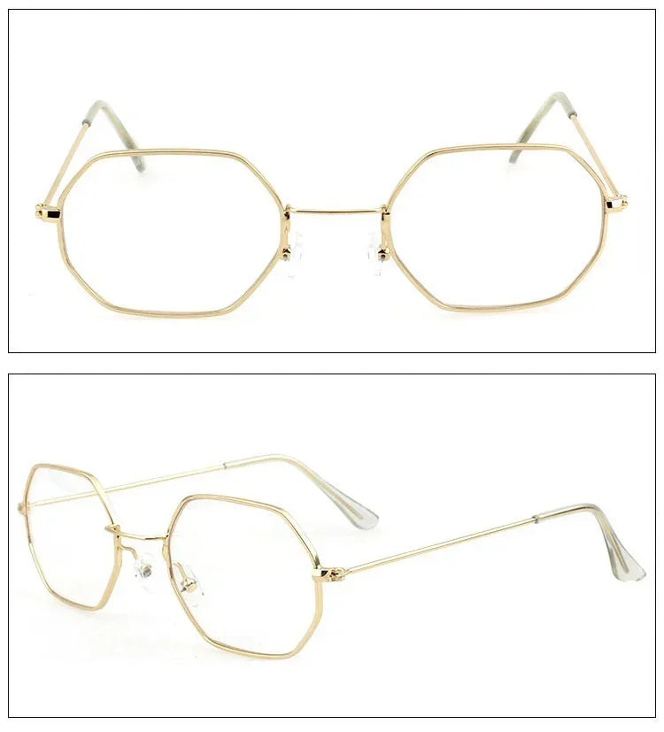 Geometric gold metal eyeglasses with clear lenses and slim frames, modern streetwear style