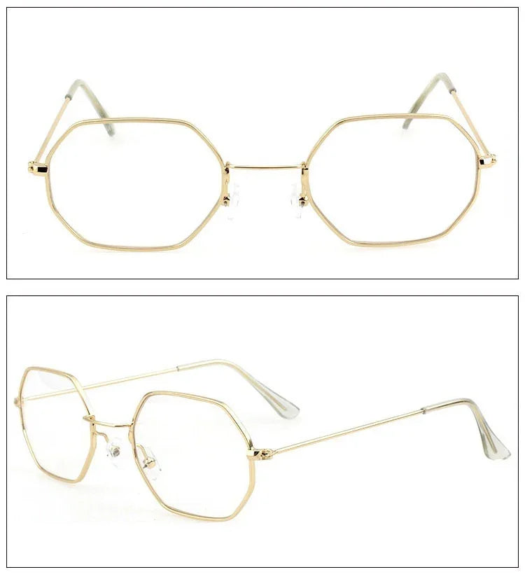 Geometric gold metal eyeglasses with clear lenses and slim frames, modern streetwear style