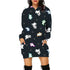 Black hoodie dress with colorful ghost print, long sleeves, relaxed fit, and front pockets