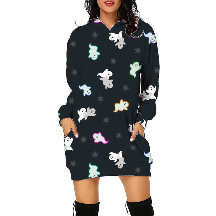 Black hoodie dress with colorful ghost print, long sleeves, relaxed fit, and front pockets