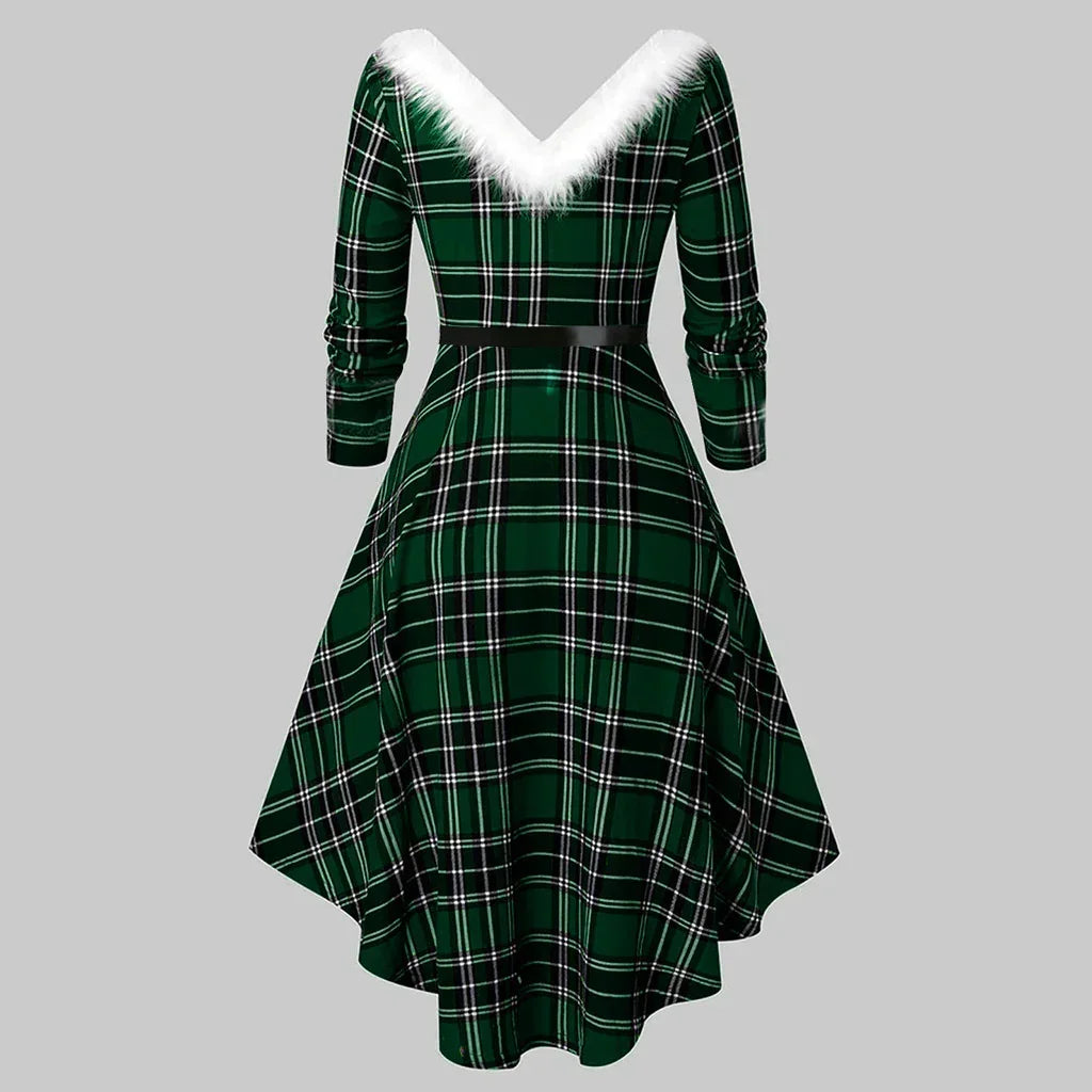 Green plaid long-sleeve dress with faux fur V-neckline, fitted waist, and asymmetrical hem