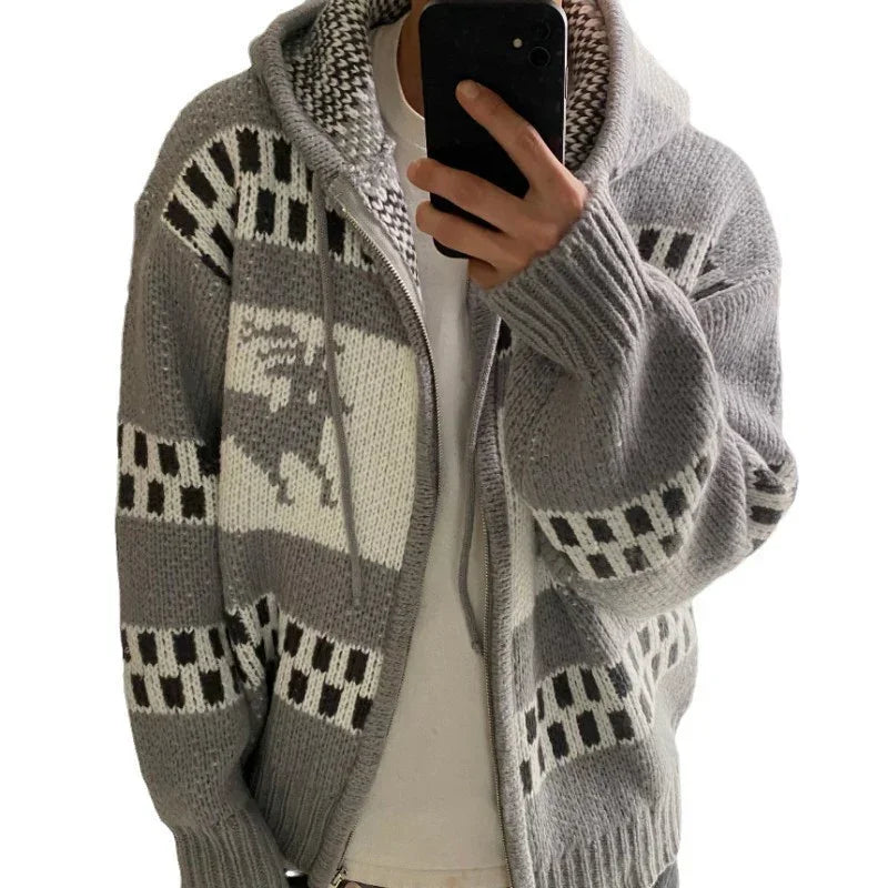 Gray knitted zip-up hoodie with geometric and animal patterns, relaxed fit, streetwear style