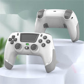 Futuristic white and gray wireless game controllers with textured grip and ergonomic design