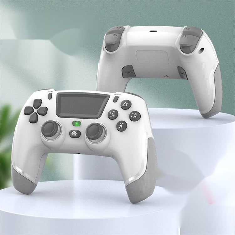 Futuristic white and gray wireless game controllers with textured grip and ergonomic design