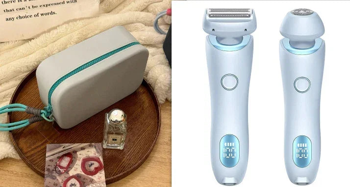 Light blue electric shaver with interchangeable heads and a matching travel case