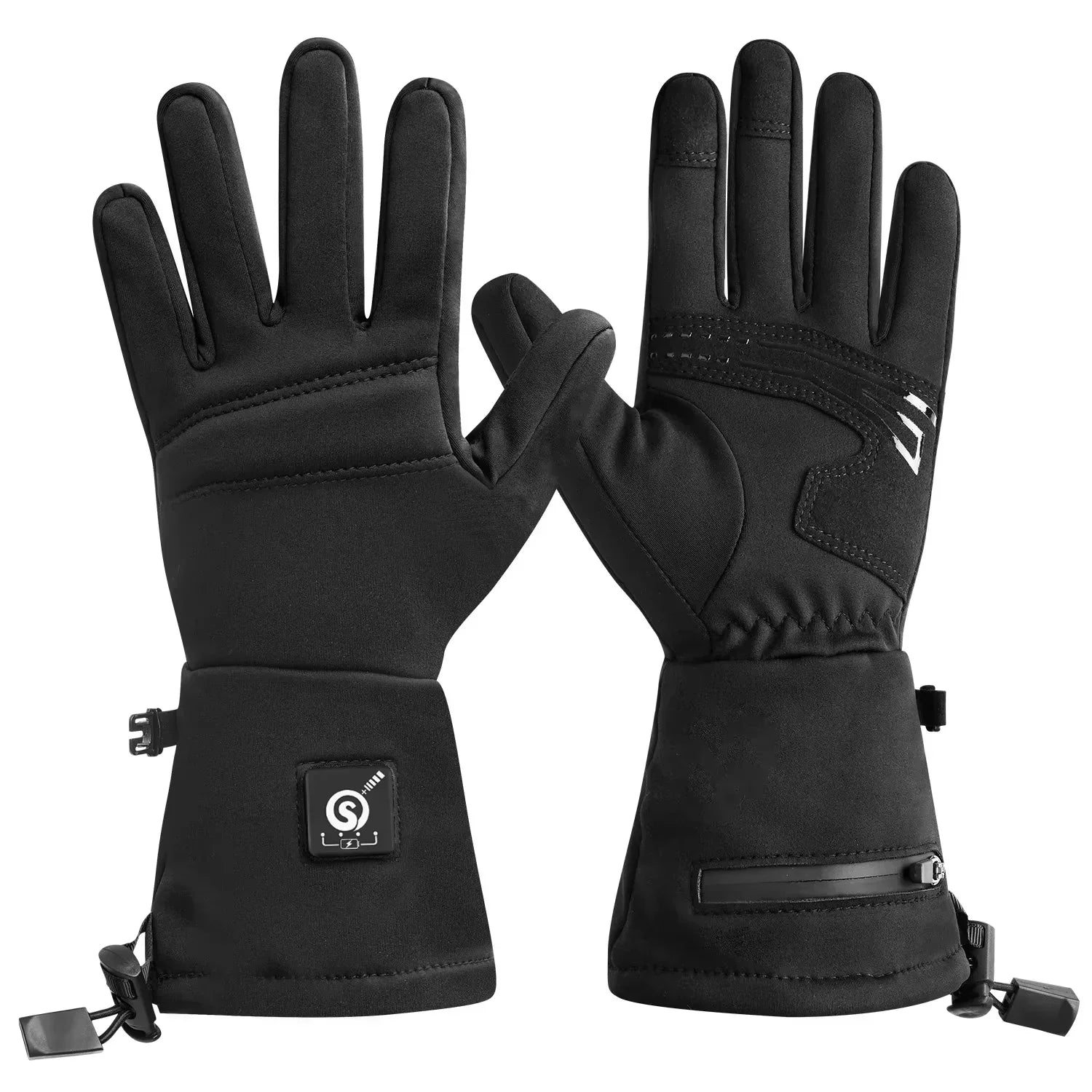 Black insulated winter gloves, waterproof fabric, touchscreen compatible, zippered cuffs for secure fit