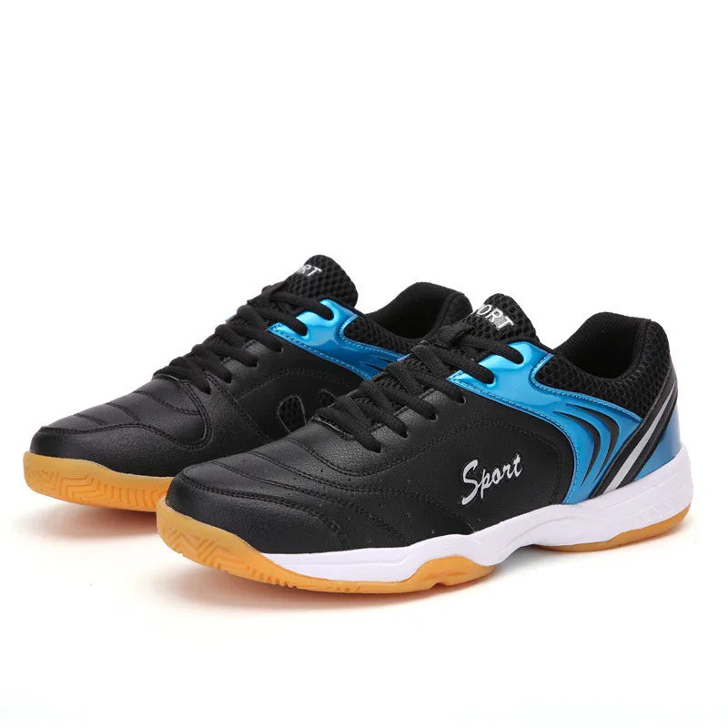 Black and blue low-top athletic sneakers with mesh panels and rubber soles, sporty fit