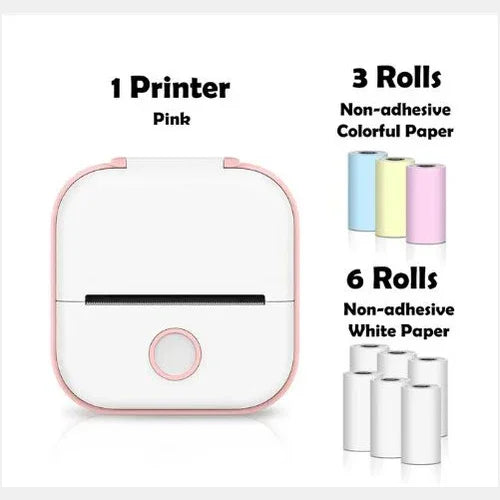 Compact white and pink portable mini printer with six white and three pastel paper rolls