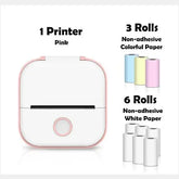 Compact white and pink portable mini printer with six white and three pastel paper rolls