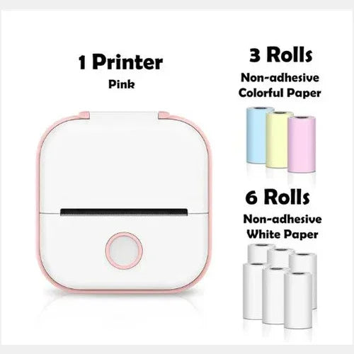 Compact white and pink portable mini printer with six white and three pastel paper rolls