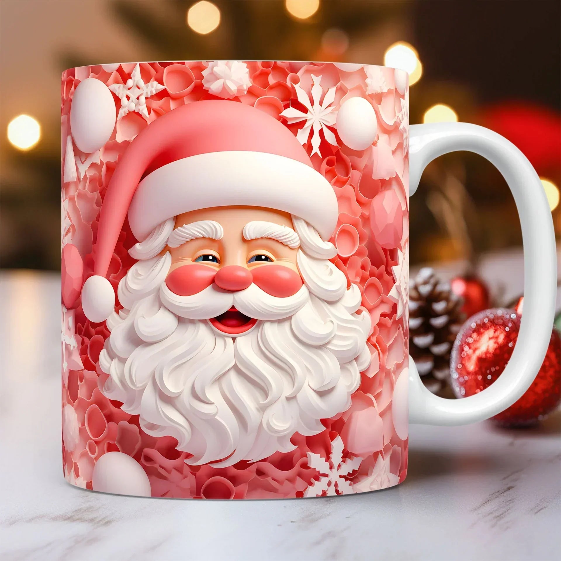 Ceramic mug with festive Santa Claus print, red background, white snowflake details