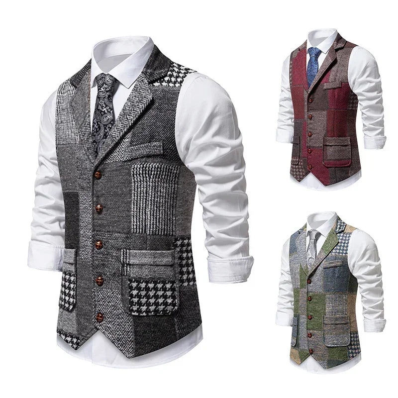Men's patchwork vest in multiple colors, textured fabric, slim fit, styled over white shirt.