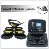 Black tactical polarized sunglasses with interchangeable yellow and clear lenses in a protective carrying case.