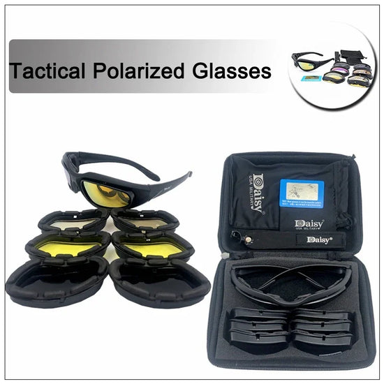 Black tactical polarized sunglasses with interchangeable yellow and clear lenses in a protective carrying case.