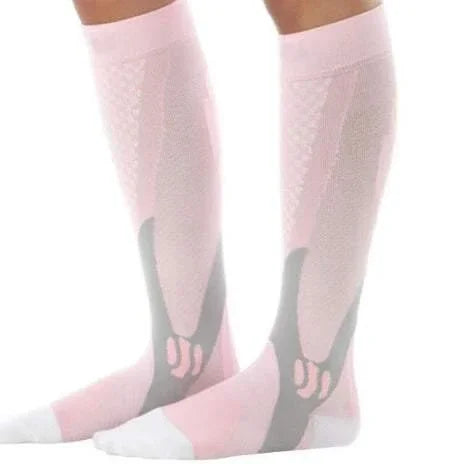 Pink and gray knee-high compression socks with mesh panels and a snug athletic fit