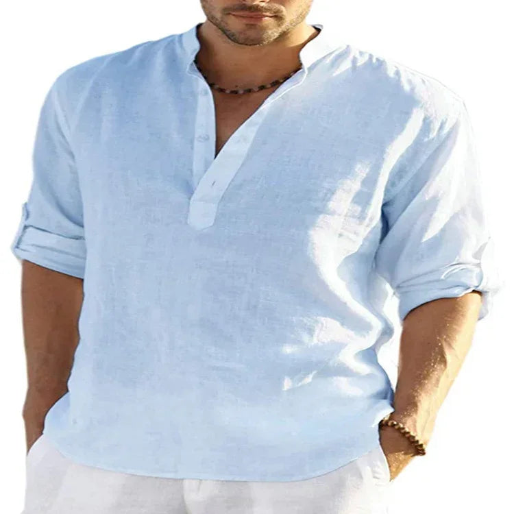 Light blue linen long sleeve shirt for men, relaxed fit, rolled sleeves, casual style