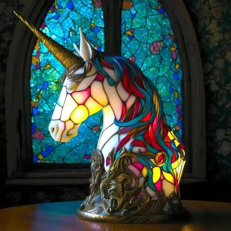 Colorful stained glass unicorn lamp with flowing mane and ornate gold accents