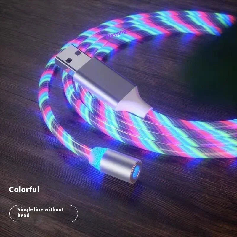 Colorful LED USB cable with glowing spiral lights and metallic connectors on dark wood surface