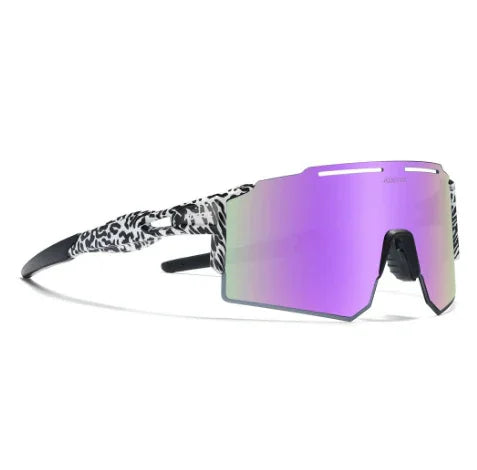 Futuristic streetwear sunglasses with purple mirrored lens and black white animal print frame