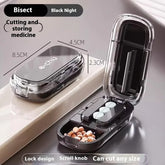 Compact black transparent pill cutter and storage case with divided compartments and secure lock, suitable for organizing and splitting medicine tablets.