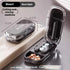 Compact black transparent pill cutter and storage case with divided compartments and secure lock, suitable for organizing and splitting medicine tablets.