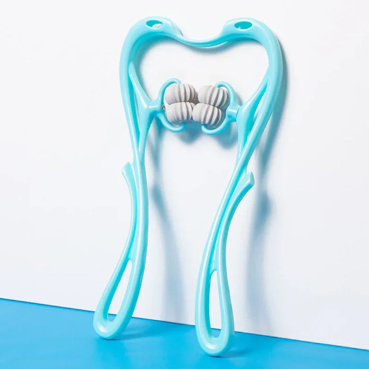 Light blue plastic handheld massage roller with textured gray wheels on a blue and white background