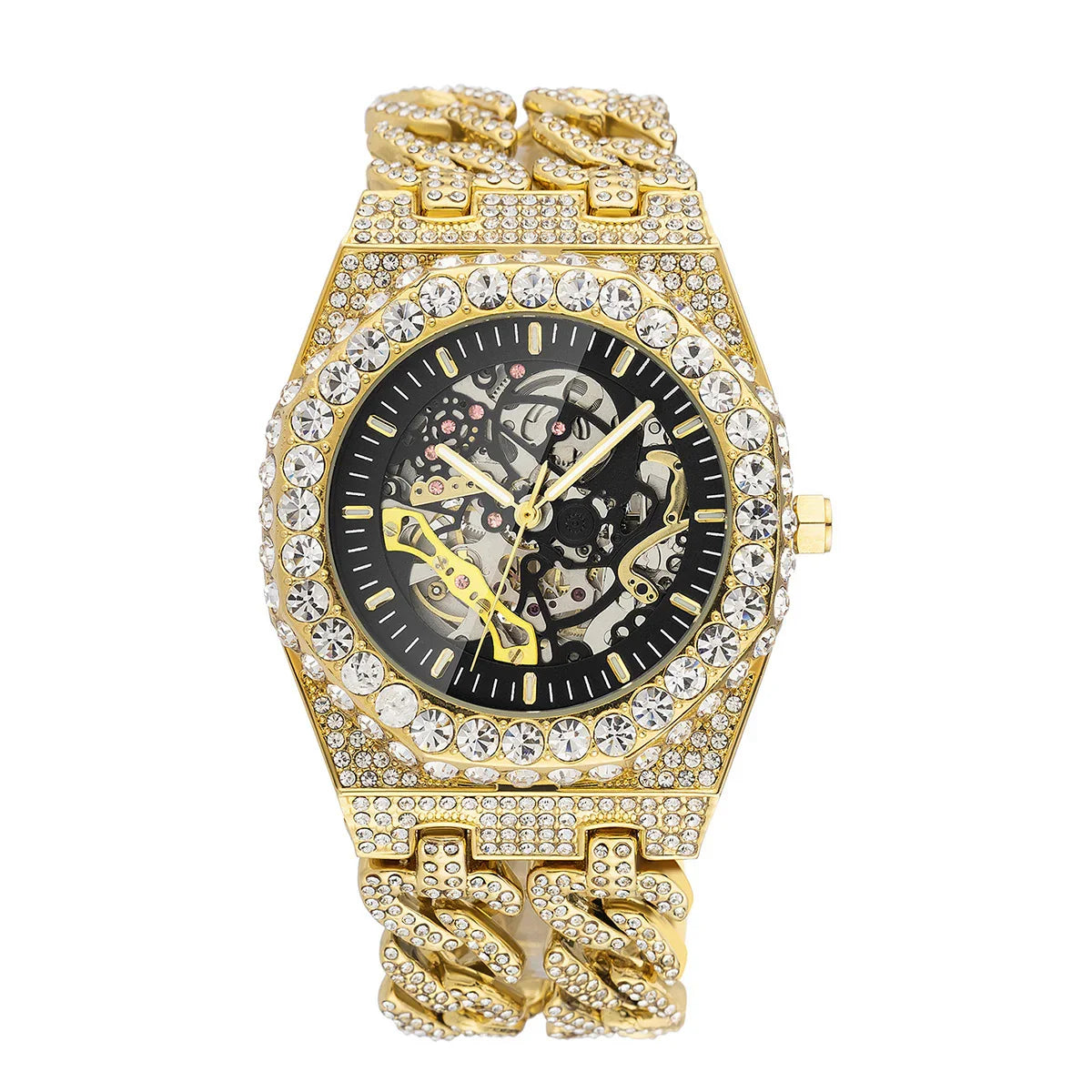 Gold-tone skeleton watch with crystal accents, bold link chain band, luxury streetwear style