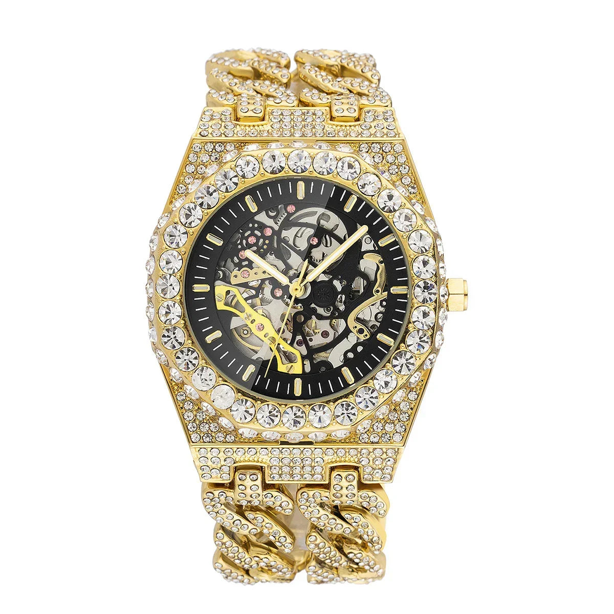 Gold-tone skeleton watch with crystal accents, bold link chain band, luxury streetwear style