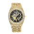 Gold-tone skeleton watch with crystal accents, bold link chain band, luxury streetwear style