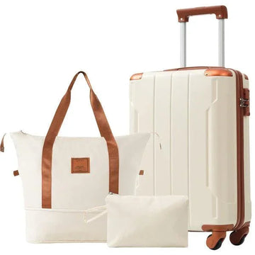 Beige hard-shell suitcase with brown accents, matching canvas tote bag, and small pouch
