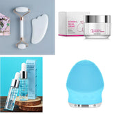 Skincare tools set with jade roller, gua sha, vitamin C cream, hyaluronic acid serum, blue facial cleansing brush