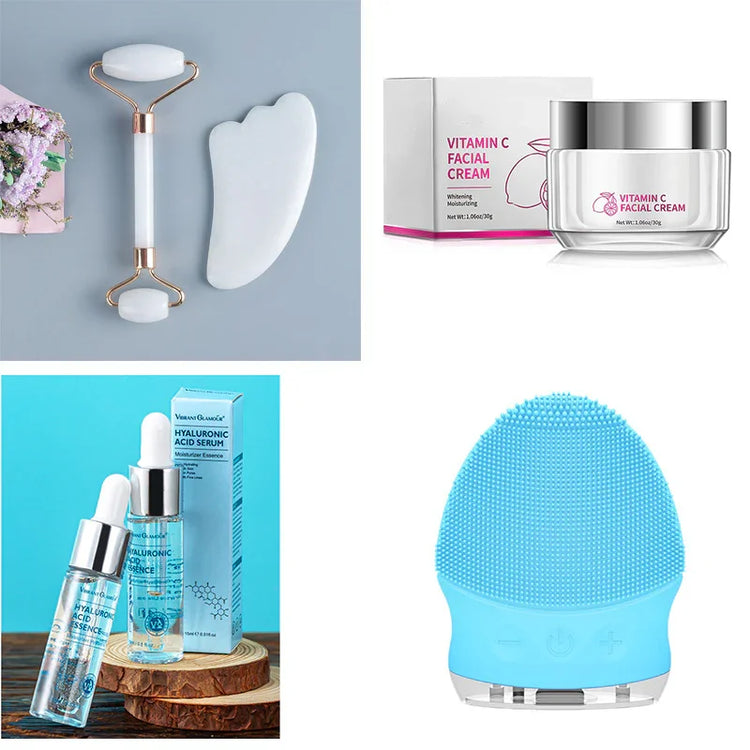 Skincare tools set with jade roller, gua sha, vitamin C cream, hyaluronic acid serum, blue facial cleansing brush
