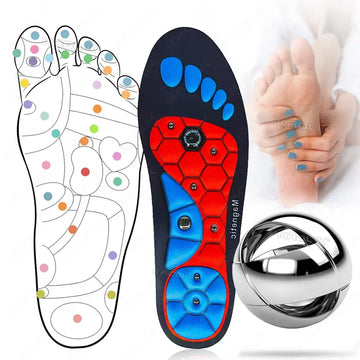 Colorful foot massage insole with reflexology chart, metallic massage ball, and foot care visual