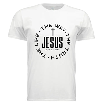 White cotton unisex t-shirt with bold black religious text graphic and relaxed fit