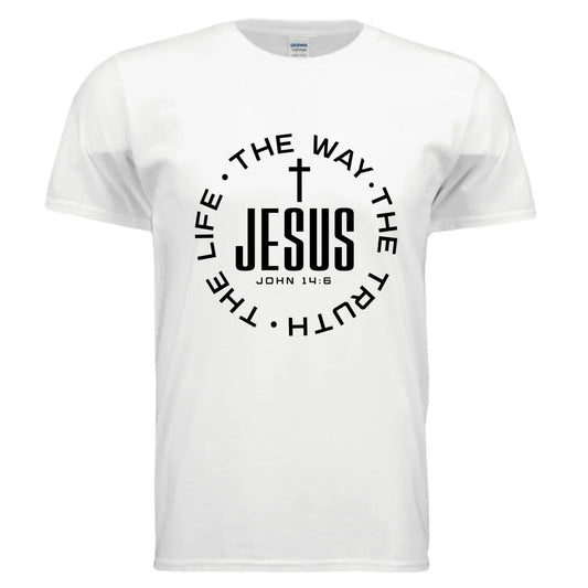 White cotton unisex t-shirt with bold black religious text graphic and relaxed fit