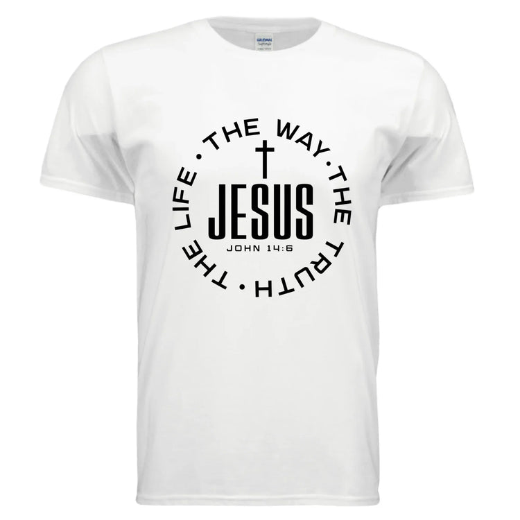 White cotton unisex t-shirt with bold black religious text graphic and relaxed fit