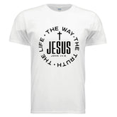 White cotton t-shirt with bold black Christian graphic, short sleeves, regular fit