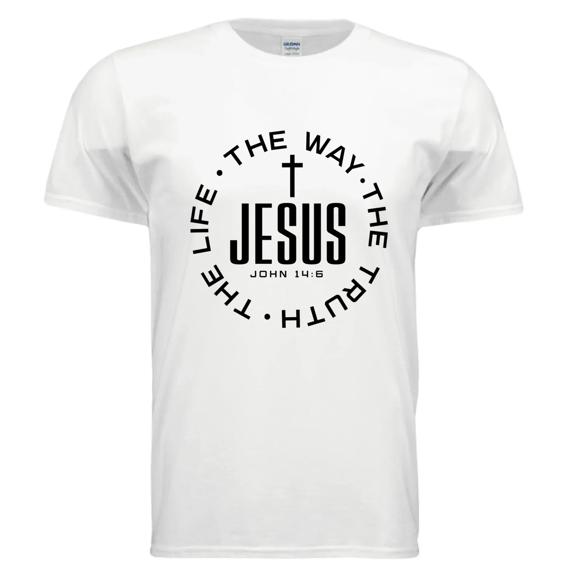 White cotton t-shirt with bold black Christian graphic, short sleeves, regular fit